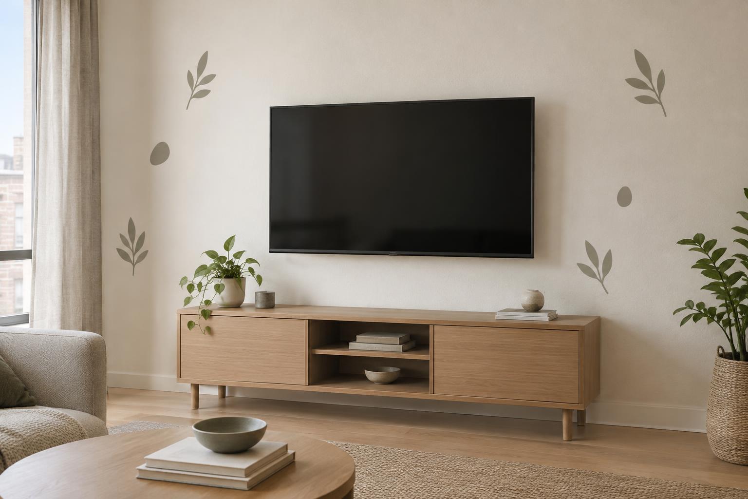 Ściana za telewizorem: dyskretne naklejki, które nie konkurują z ekranem